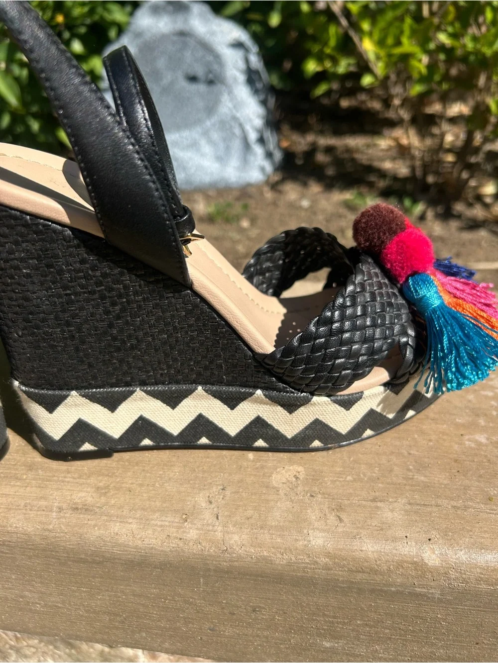 Kate Spade Black Woven Espadrille Wedge Sandals with Multicolor Tassels